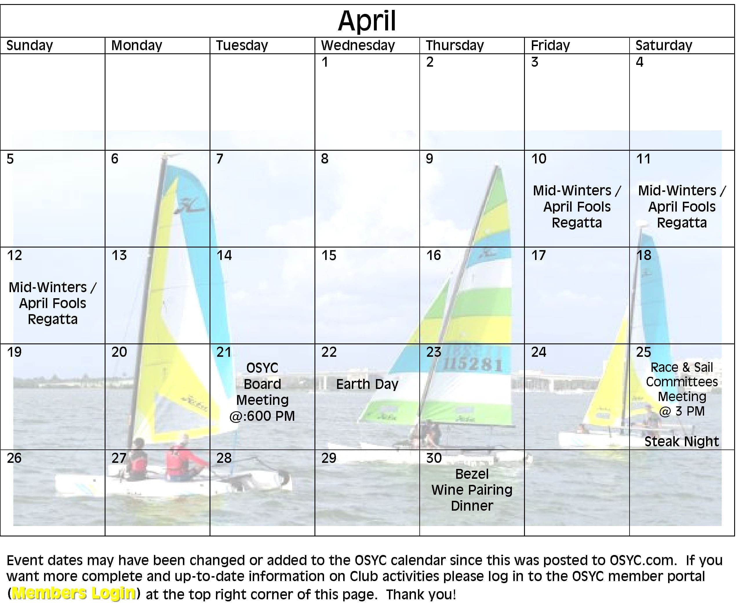 OSYC Monthly Members Calendar Image