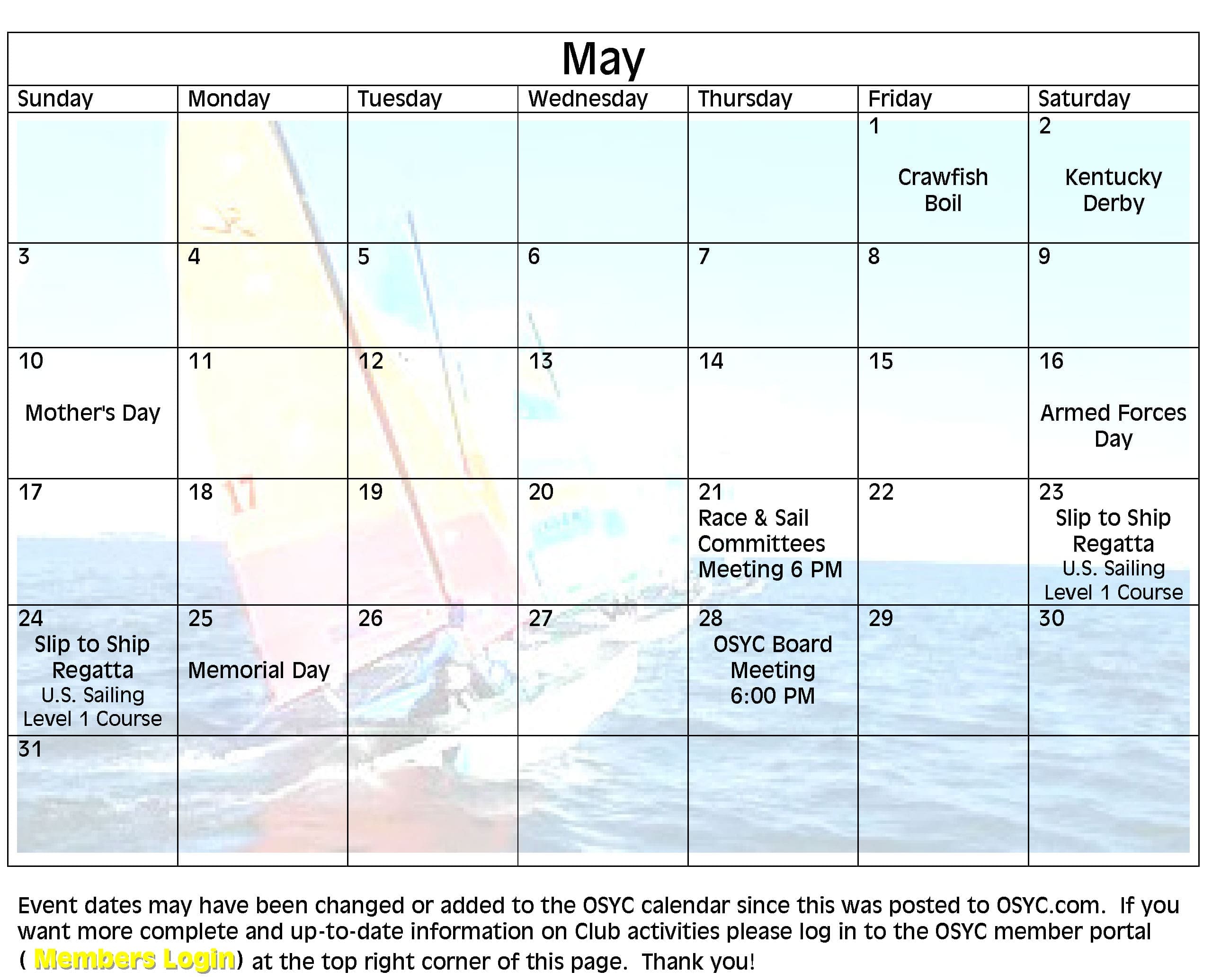 OSYC Monthly Members Calendar Image