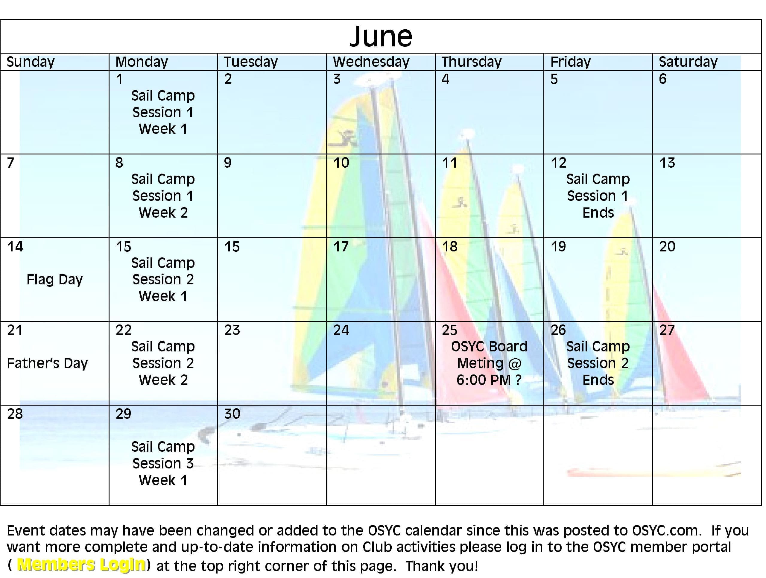 OSYC Monthly Members Calendar Image