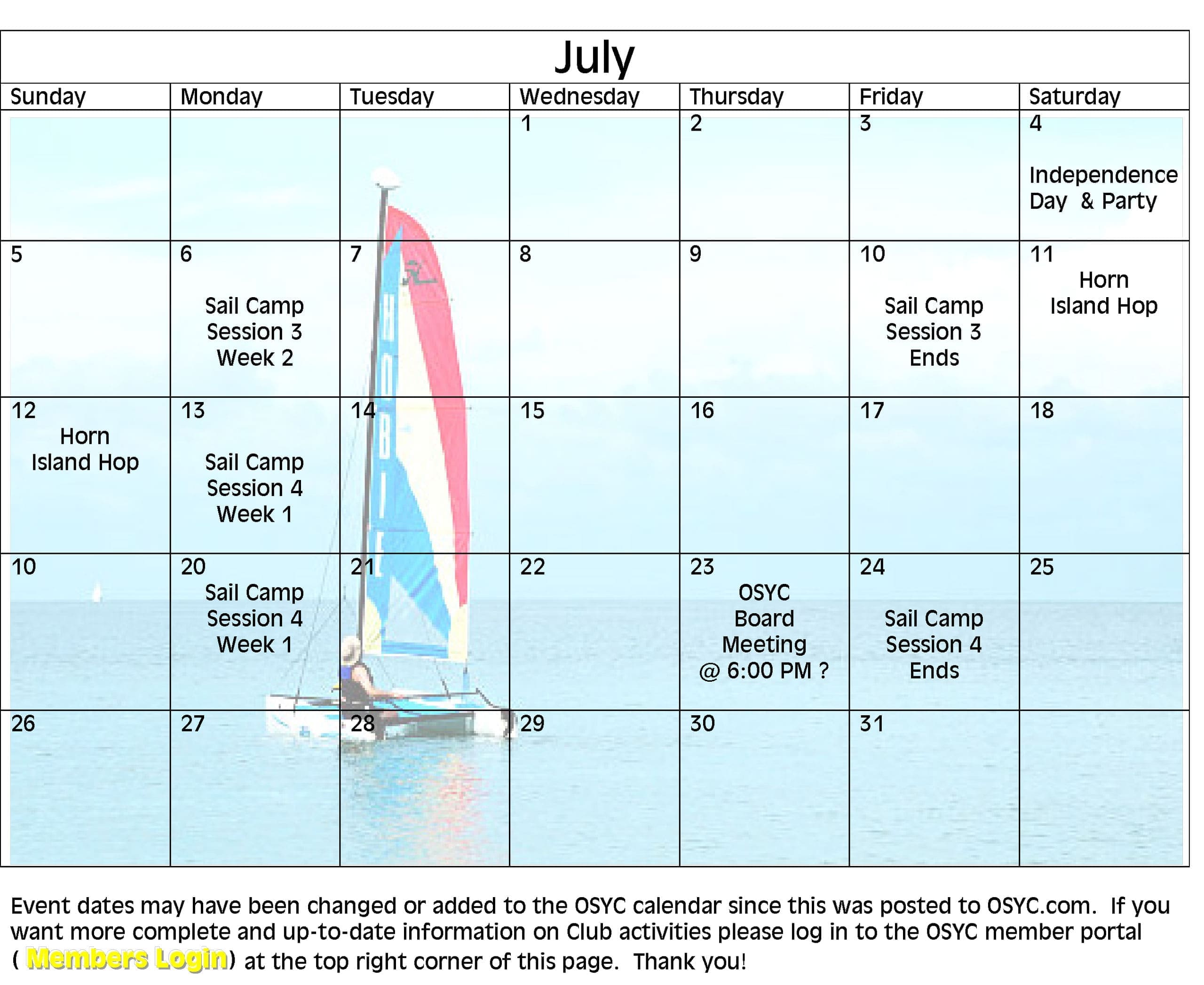 OSYC Monthly Members Calendar Image